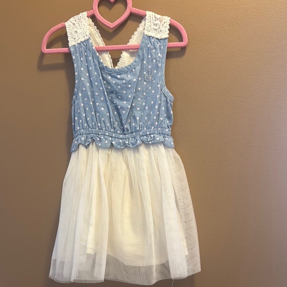 Blue Polka Dot Dress with White Tulle Skirt